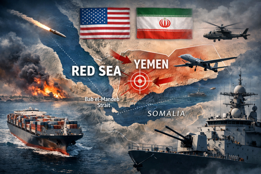 Red Sea crisis map showing Yemen, Bab el-Mandeb Strait, naval forces, and disrupted global shipping routes